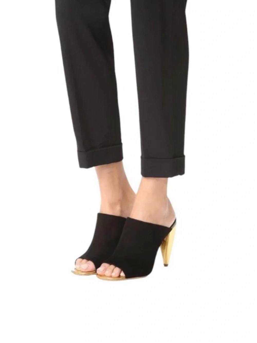 Tory Burch Ellis  Black Suede Mules with Gold Heel and Toe Sz.5M